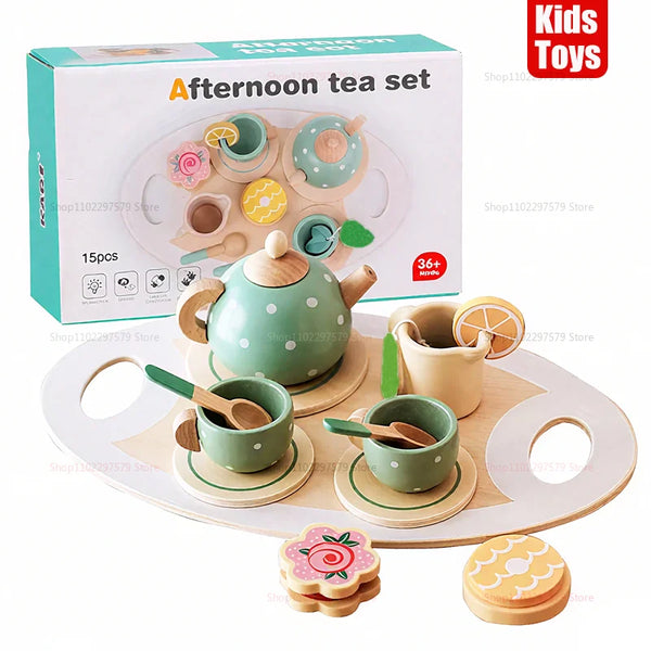 Kids Wooden Afternoon Tea Set Toys Kitchen Accessories Tea Party Food Play Early Educational Toys for Toddlers Girls Boys Gifts