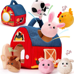 Baby Toys 6-12 Months, Barn Toys with Stuffed Farm Animals for Toddlers 1-3 Baby Plush Beehive wtih Rattles Squeaker Mirror